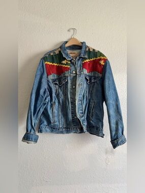 Vintage Jensen Smith Western Woven Southwestern Knit Denim Distressed Jacket